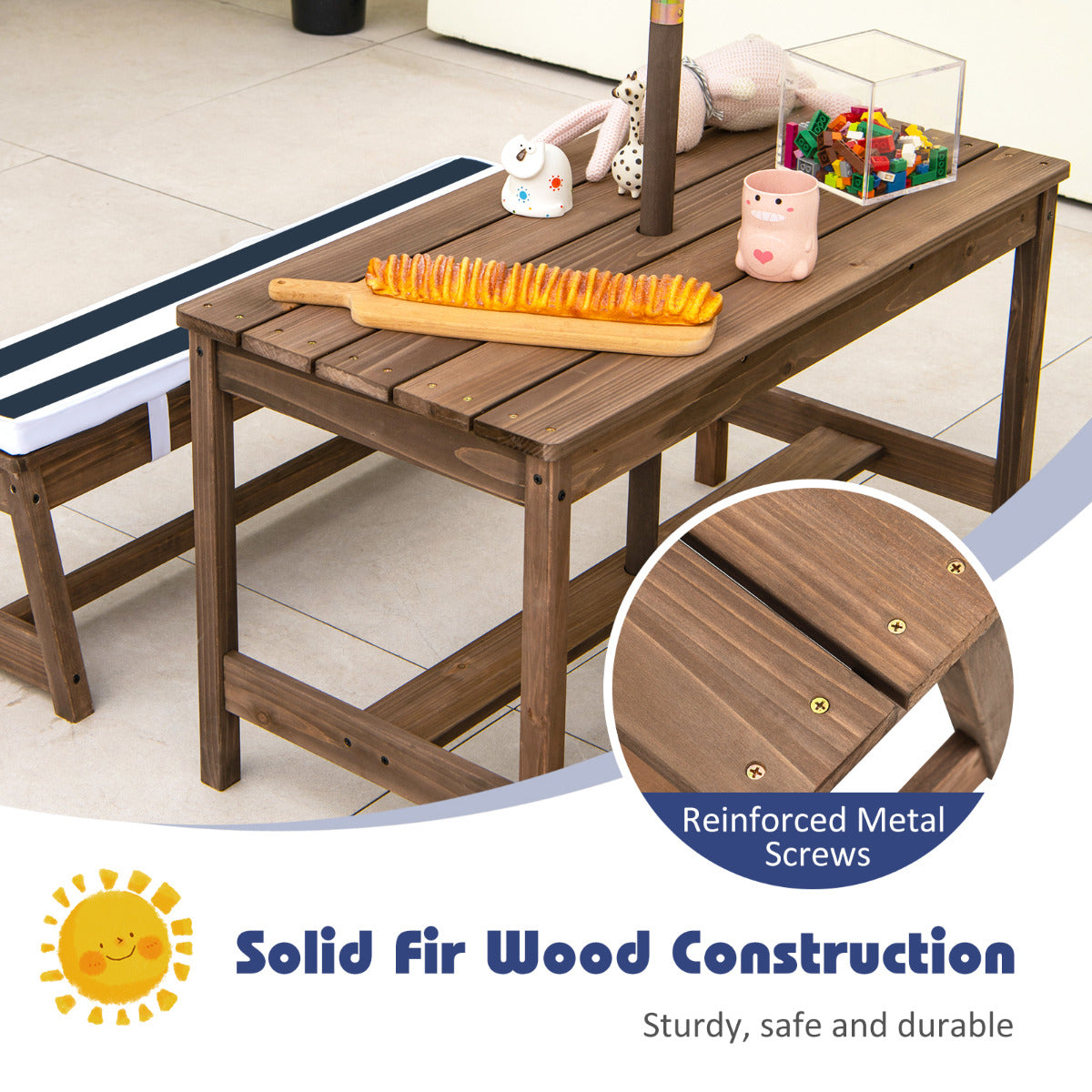 LIVSK Kinderpicknicktafelset - Houten Tafel met Paraplu en Kussens - Voor 4 Kinderen - Duurzaam en Comfortabel - Blauw