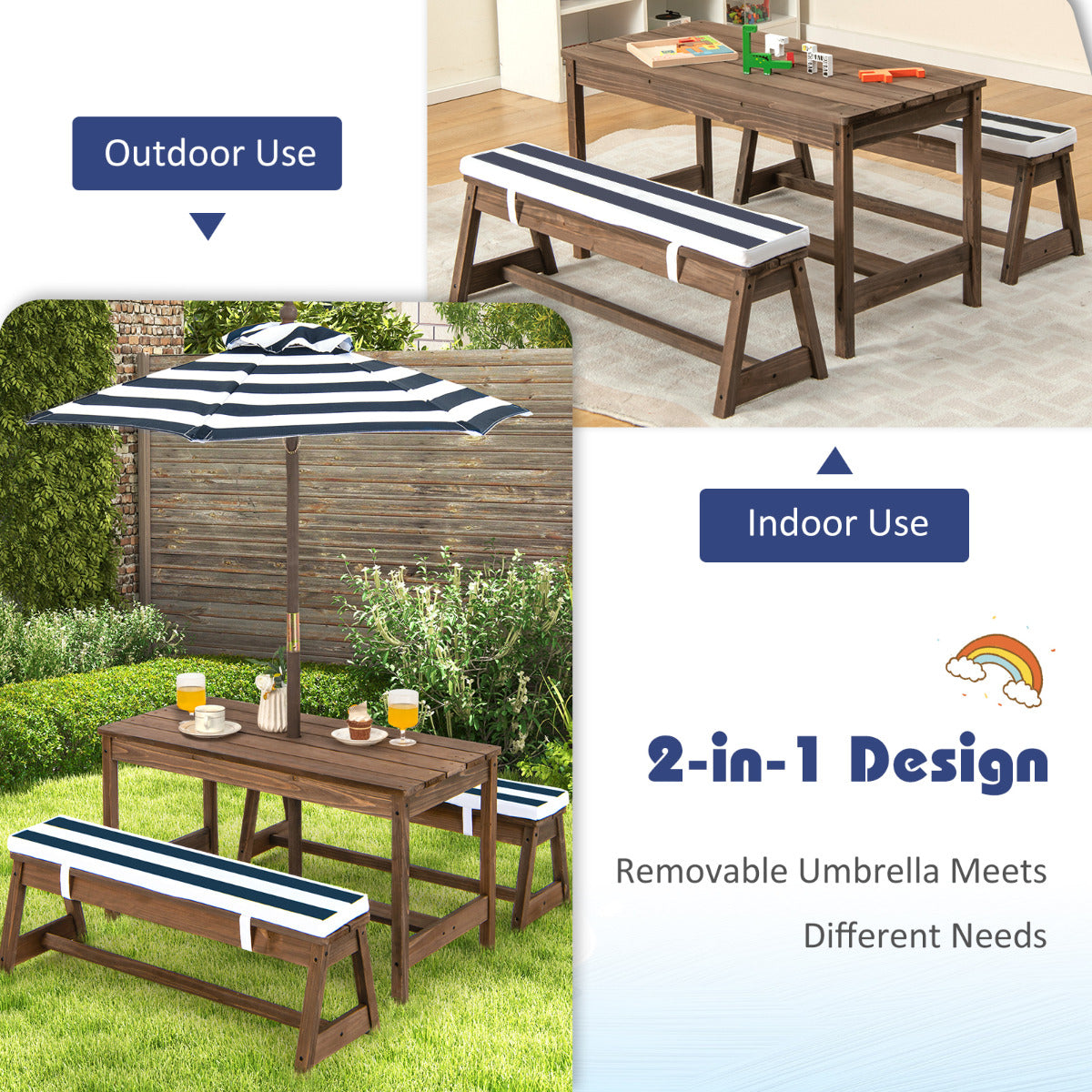 LIVSK Kinderpicknicktafelset - Houten Tafel met Paraplu en Kussens - Voor 4 Kinderen - Duurzaam en Comfortabel - Blauw