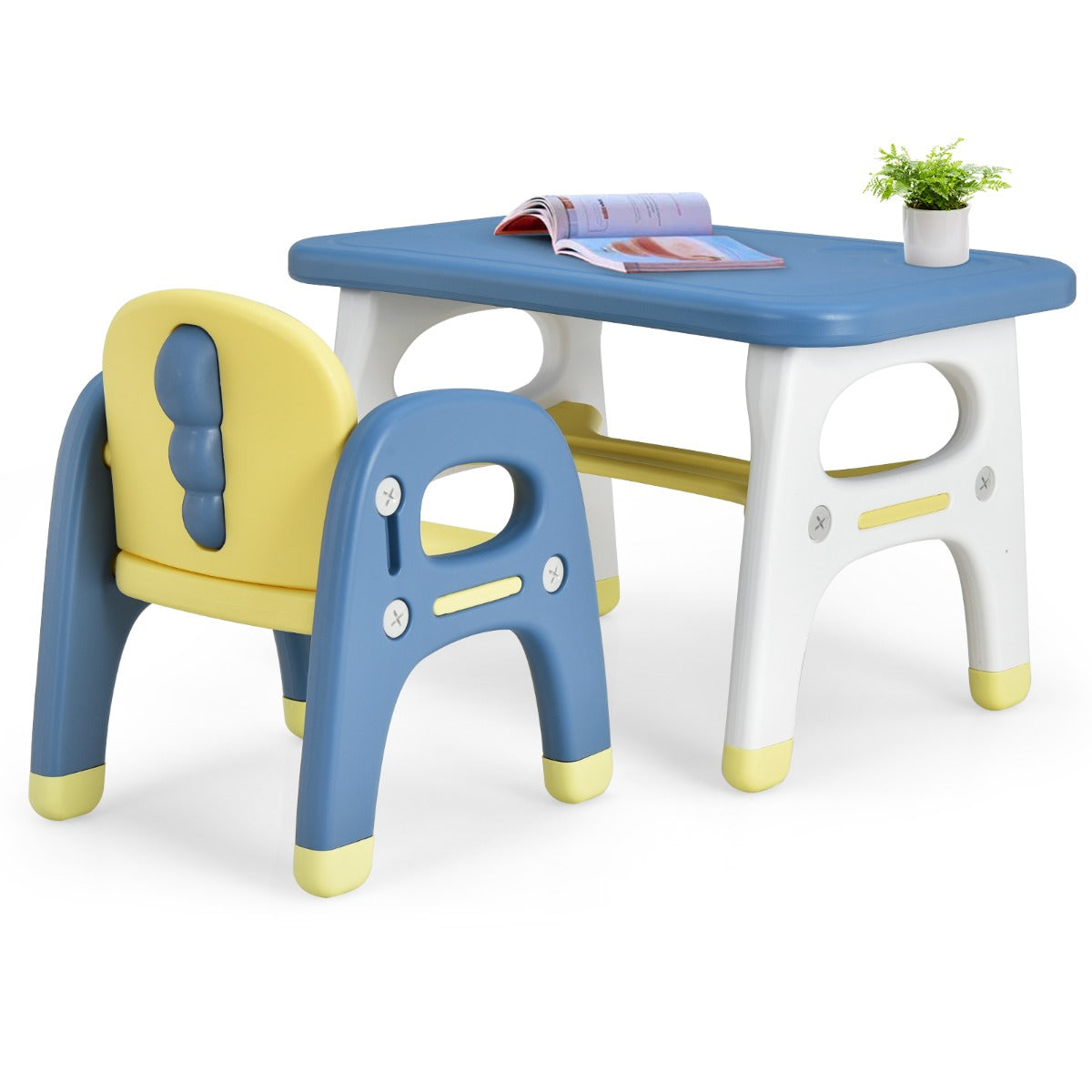 LIVSK Dinosaurus Kindertafel en Stoel Set - HDPE - Ergonomisch - Opbergruimte - Inclusief Bouwstenen - Voor 1-5 jaar - Blauw