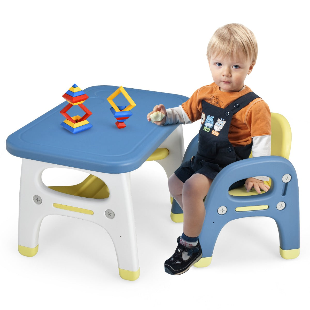 LIVSK Dinosaurus Kindertafel en Stoel Set - HDPE - Ergonomisch - Opbergruimte - Inclusief Bouwstenen - Voor 1-5 jaar - Blauw