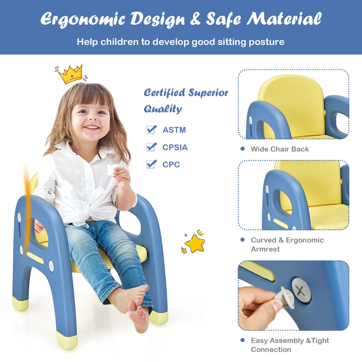LIVSK Dinosaurus Kindertafel en Stoel Set - HDPE - Ergonomisch - Opbergruimte - Inclusief Bouwstenen - Voor 1-5 jaar - Blauw