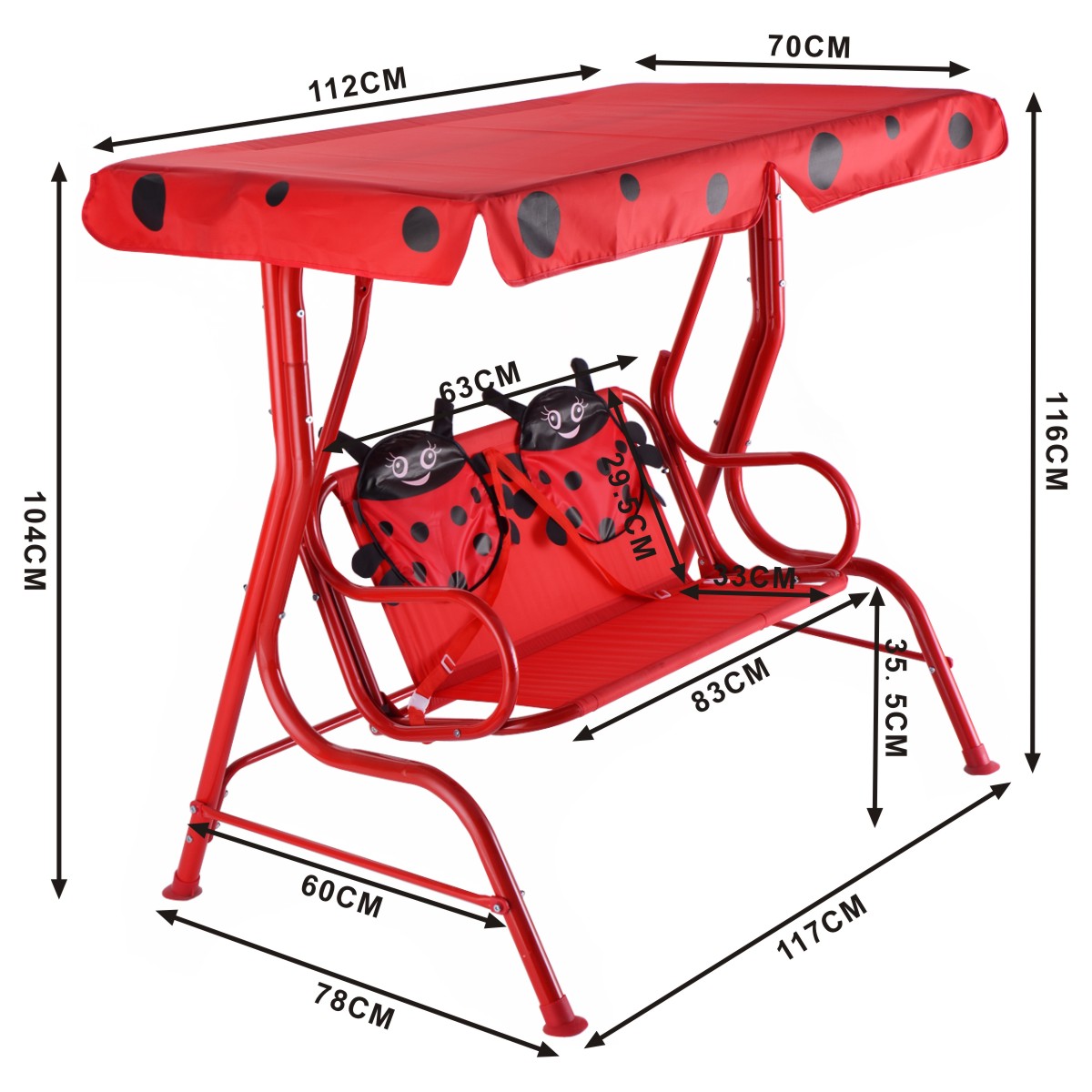 LIVSK Kinderpatio Schommel - Veiligheidsgordel - Afneembare Luifel - Antislipvoetjes - Tot 80 kg - 117 x 78 x 116 cm - Rood