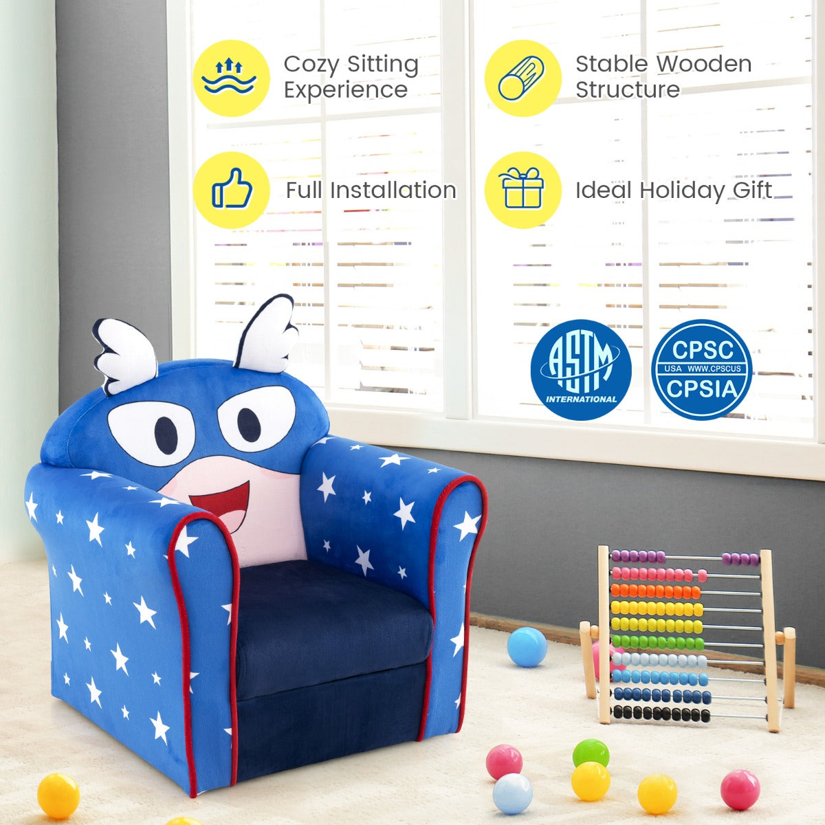 LIVSK Kinderstoel - Ergonomische Rugleuning - Fluwelen Bekleding - Lichtgewicht - Tot 50 kg - Donkerblauw
