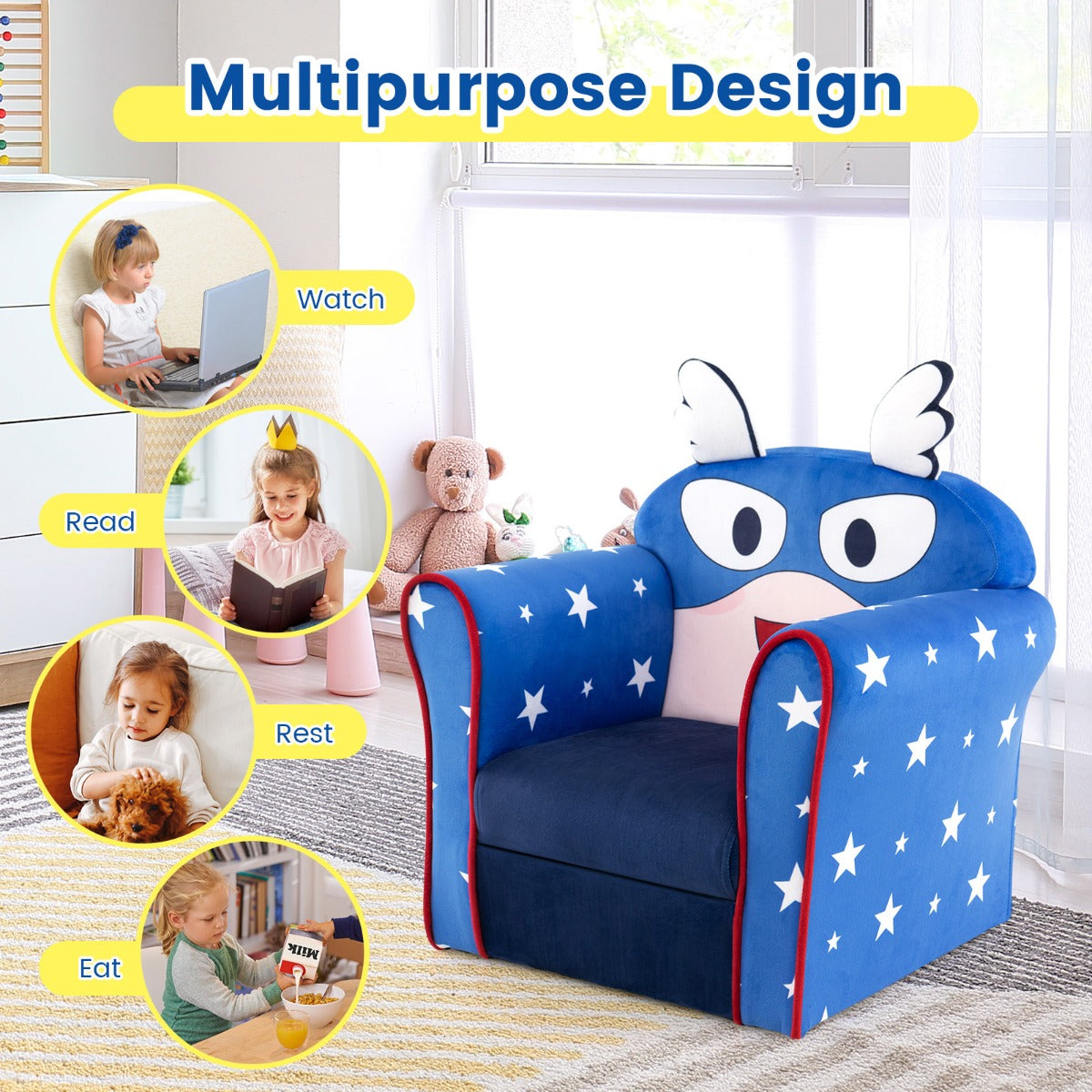 LIVSK Kinderstoel - Ergonomische Rugleuning - Fluwelen Bekleding - Lichtgewicht - Tot 50 kg - Donkerblauw