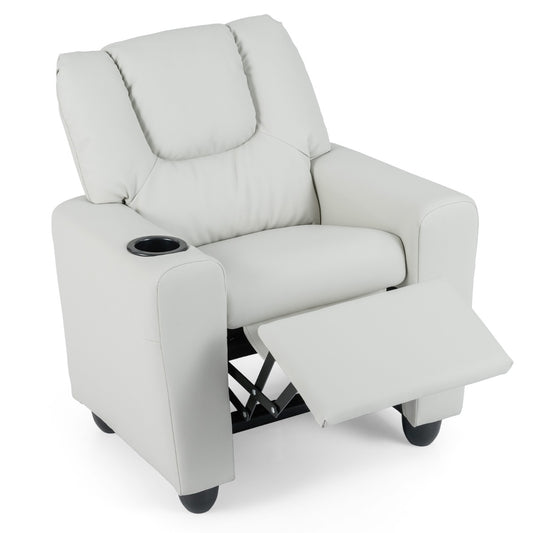 Livsk costway kinderfauteuil met relaxfunctie stoffen kinderbank met verstelbare rugleuning en voetsteun kinderbank met bekerhouder beige