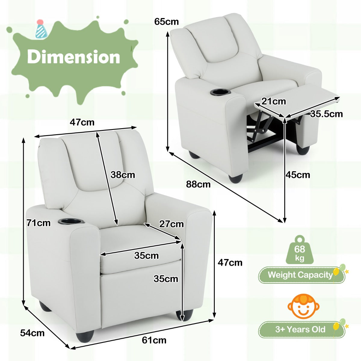 Livsk costway kinderfauteuil met relaxfunctie stoffen kinderbank met verstelbare rugleuning en voetsteun kinderbank met bekerhouder beige