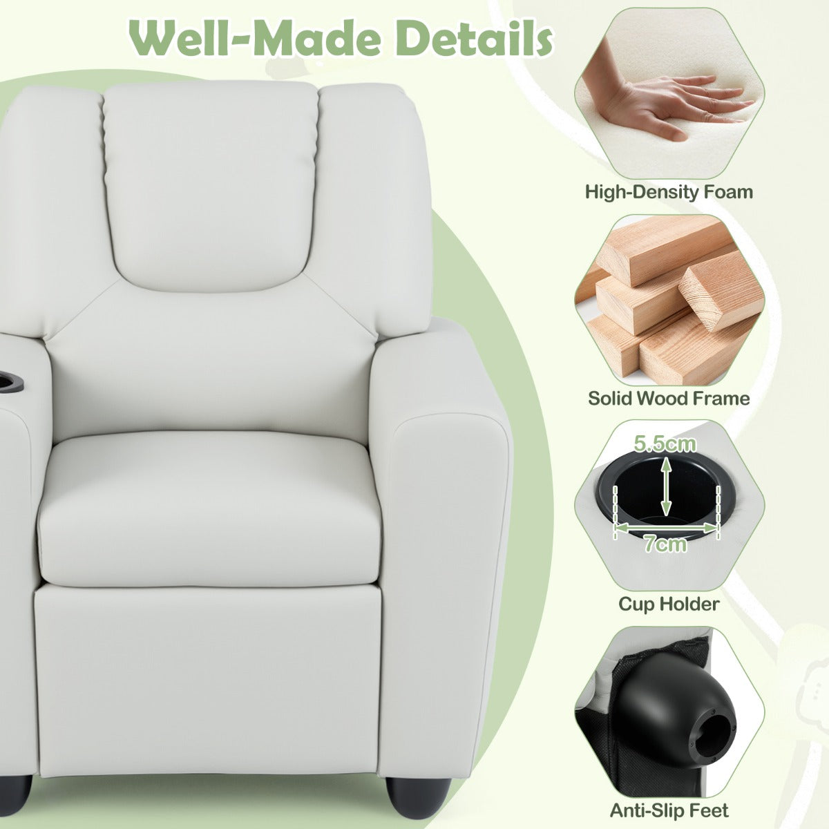 Livsk costway kinderfauteuil met relaxfunctie stoffen kinderbank met verstelbare rugleuning en voetsteun kinderbank met bekerhouder beige