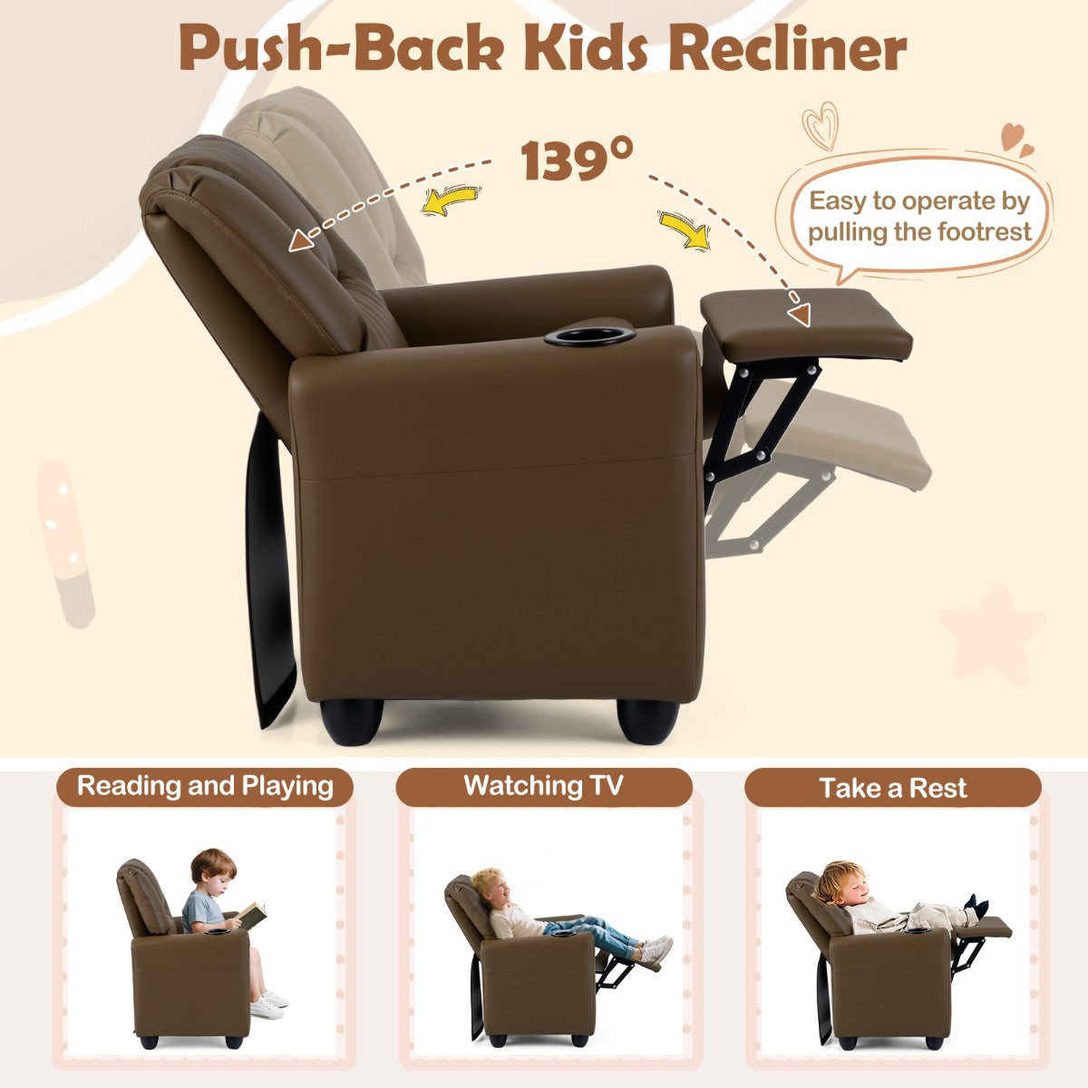 Livsk costway kinderfauteuil met relaxfunctie stoffen kinderbank met verstelbare rugleuning en voetsteun kinderbank met bekerhouder bruin