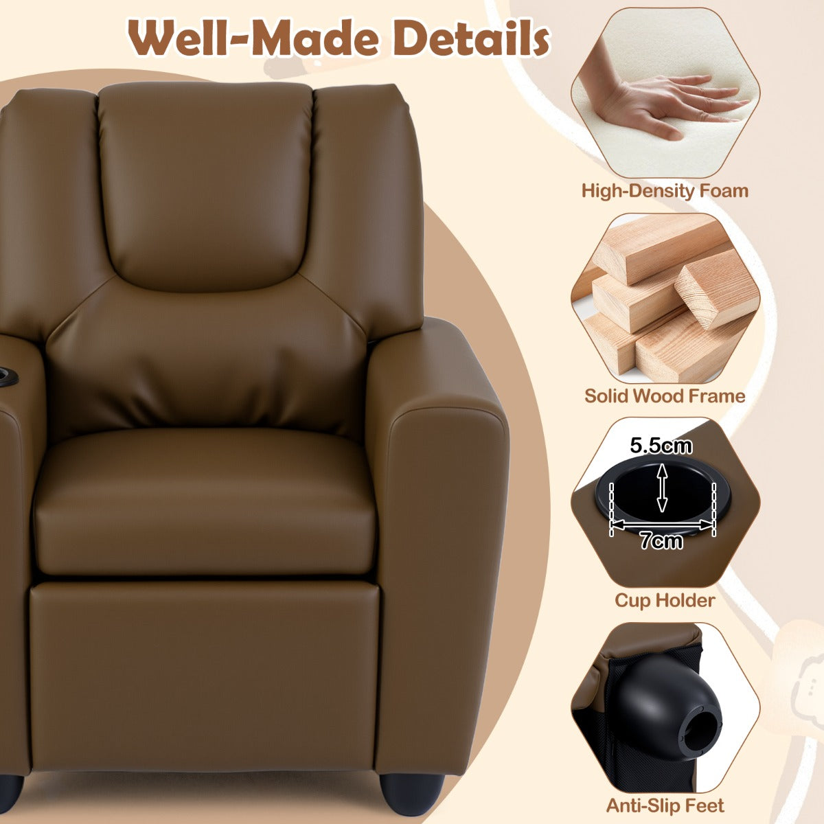 Livsk costway kinderfauteuil met relaxfunctie stoffen kinderbank met verstelbare rugleuning en voetsteun kinderbank met bekerhouder bruin