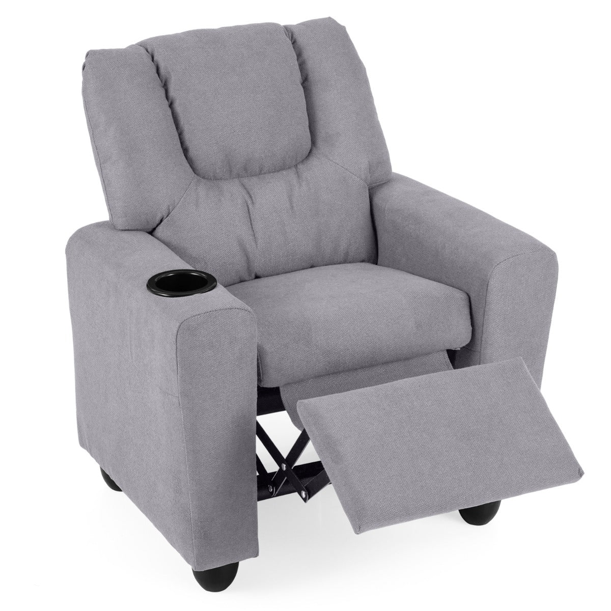 Livsk costway kinderfauteuil met relaxfunctie stoffen kinderbank met verstelbare rugleuning en voetsteun kinderbank met bekerhouder grijs