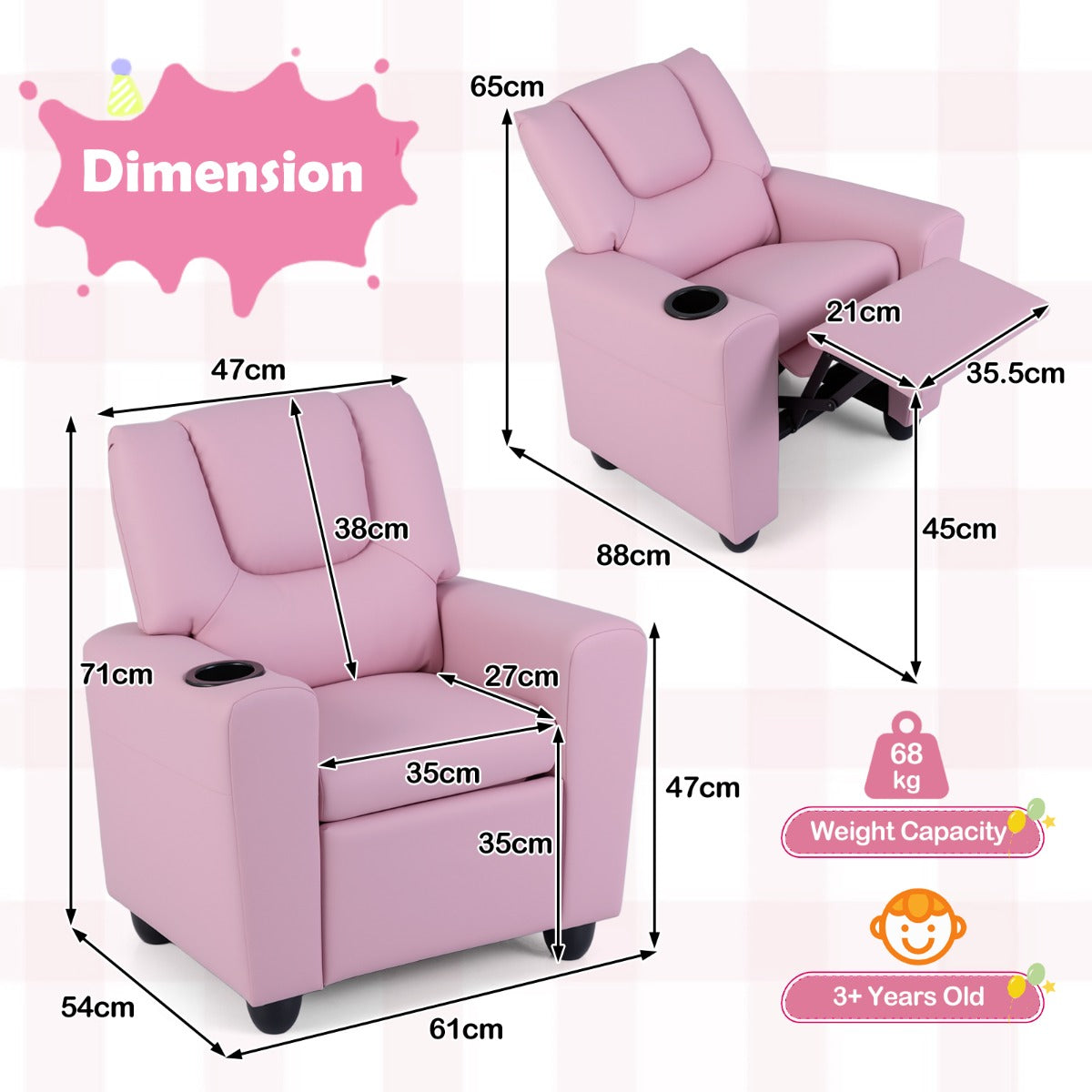 Livsk costway kinderfauteuil met relaxfunctie stoffen kinderbank met verstelbare rugleuning en voetsteun kinderbank met bekerhouder roze