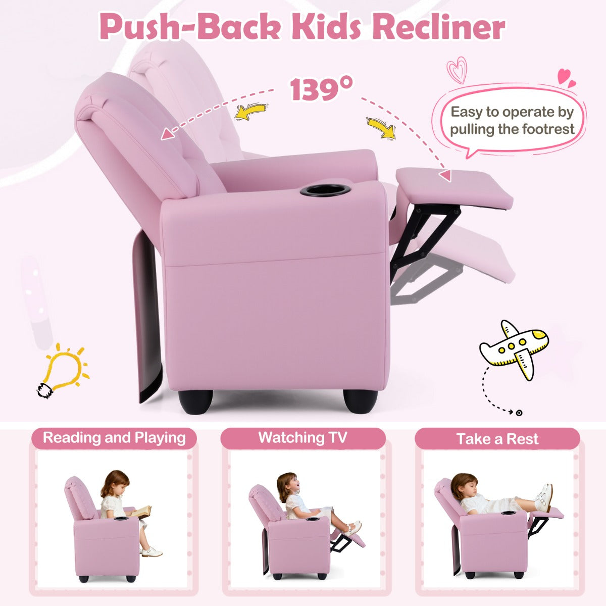 Livsk costway kinderfauteuil met relaxfunctie stoffen kinderbank met verstelbare rugleuning en voetsteun kinderbank met bekerhouder roze