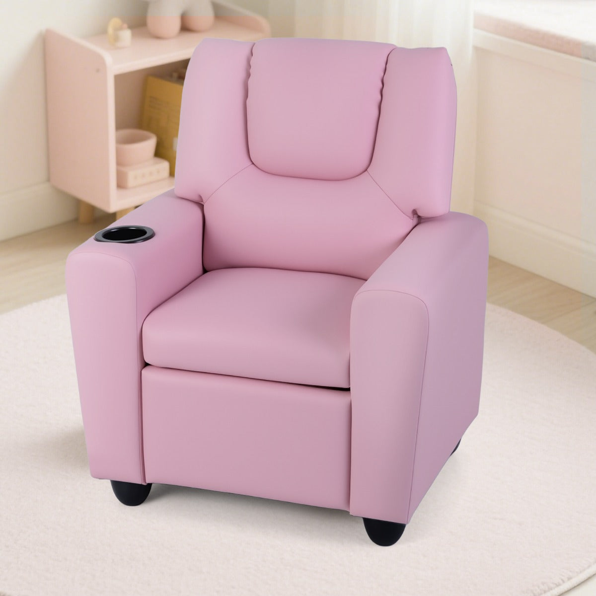 Livsk costway kinderfauteuil met relaxfunctie stoffen kinderbank met verstelbare rugleuning en voetsteun kinderbank met bekerhouder roze