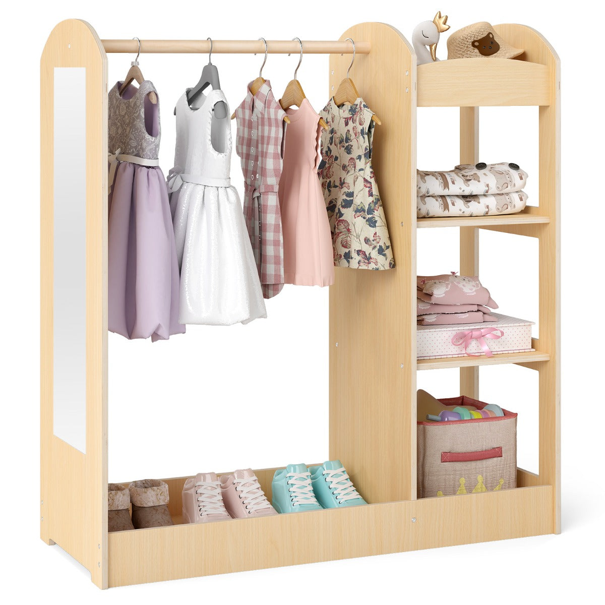 Livsk costway kindergarderobe met spiegel kinderkledingkast van hout met kleerhangers en 4 planken 935 x 38 x 100 cm naturel