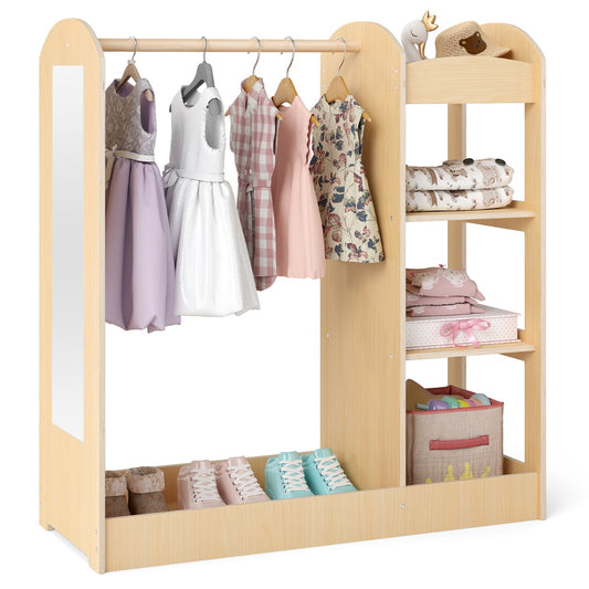 Livsk costway kindergarderobe met spiegel kinderkledingkast van hout met kleerhangers en 4 planken 935 x 38 x 100 cm naturel