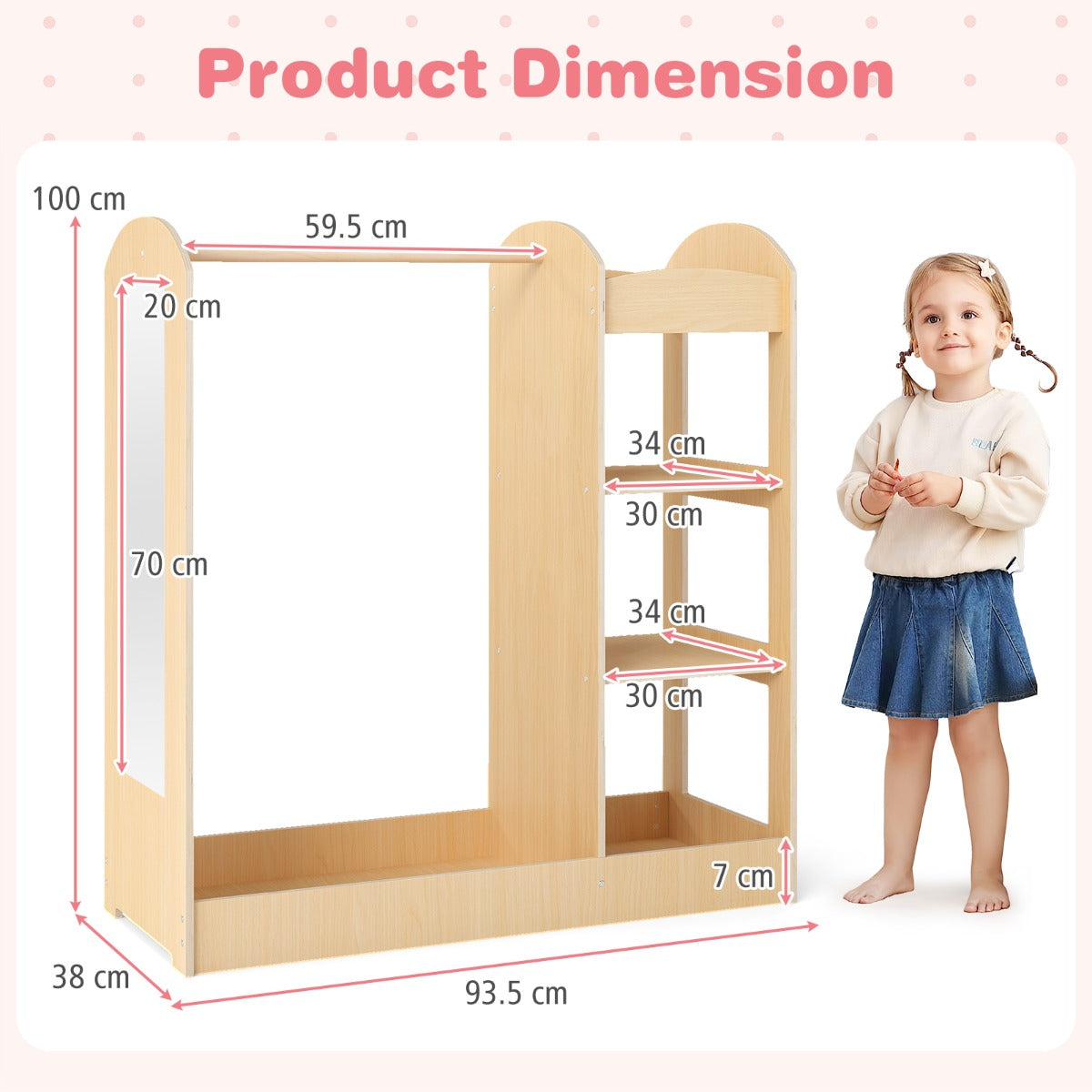 Livsk costway kindergarderobe met spiegel kinderkledingkast van hout met kleerhangers en 4 planken 935 x 38 x 100 cm naturel 2