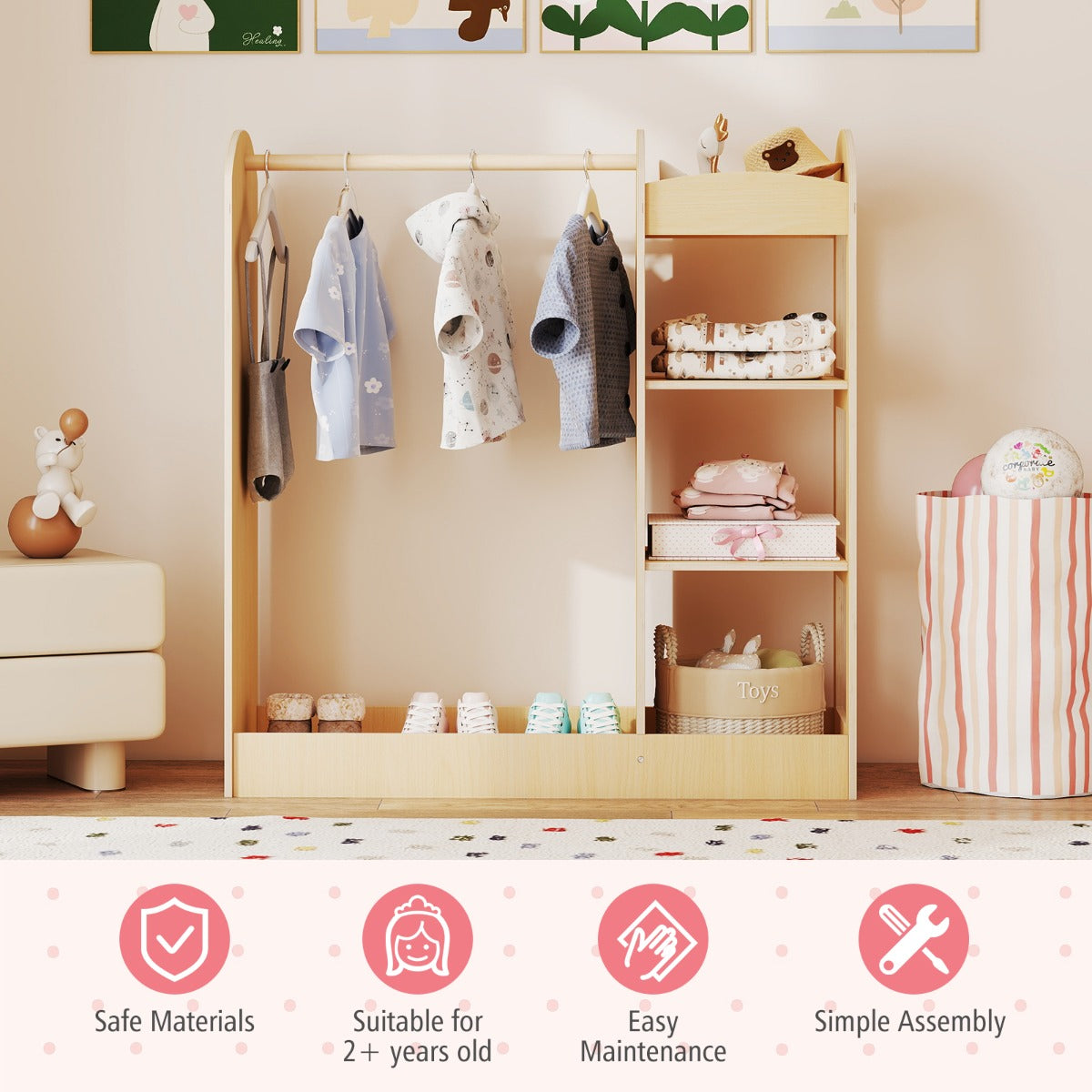 Livsk costway kindergarderobe met spiegel kinderkledingkast van hout met kleerhangers en 4 planken 935 x 38 x 100 cm naturel 3