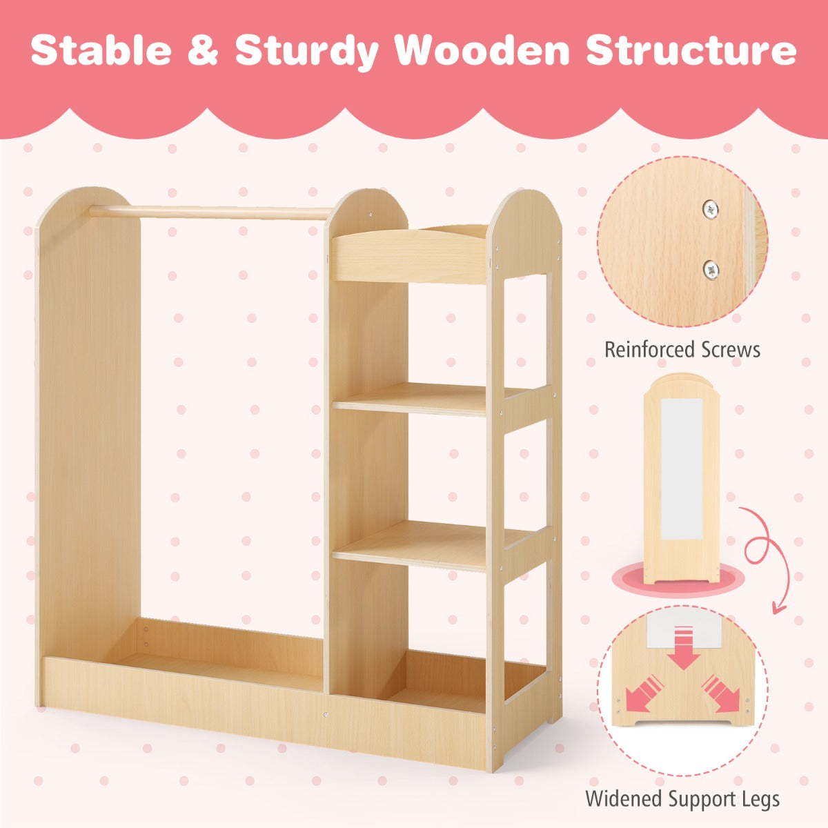Livsk costway kindergarderobe met spiegel kinderkledingkast van hout met kleerhangers en 4 planken 935 x 38 x 100 cm naturel 4