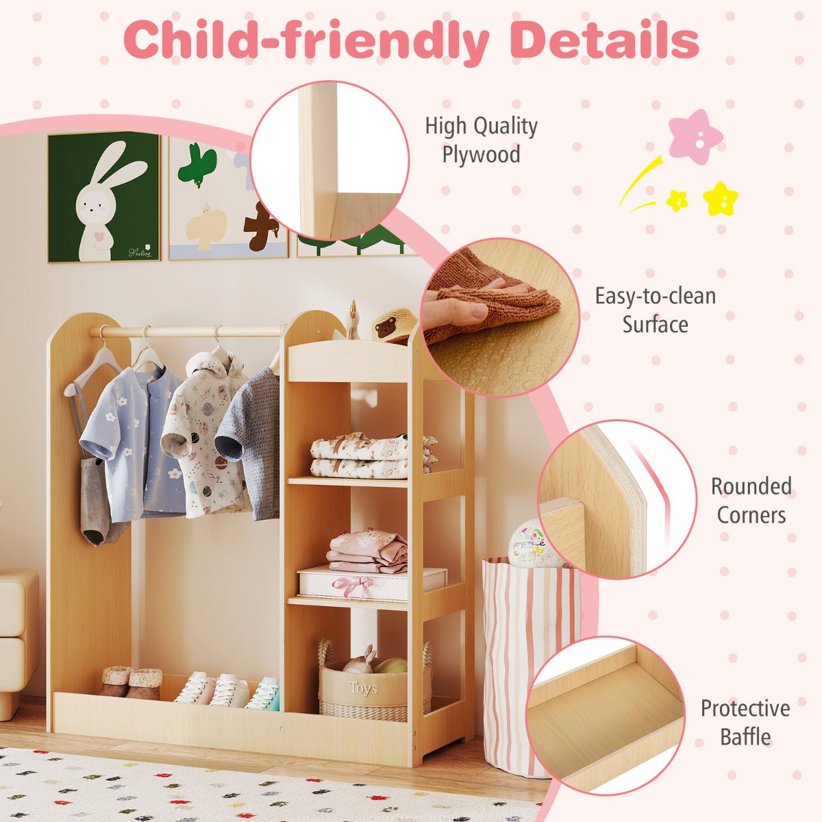 Livsk costway kindergarderobe met spiegel kinderkledingkast van hout met kleerhangers en 4 planken 935 x 38 x 100 cm naturel 5