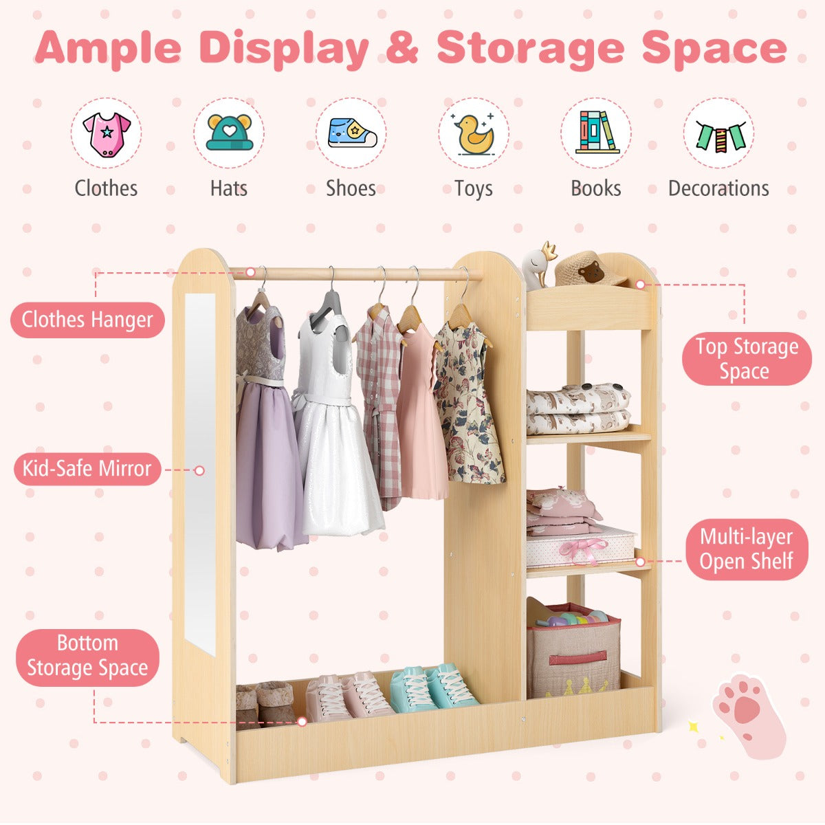 Livsk costway kindergarderobe met spiegel kinderkledingkast van hout met kleerhangers en 4 planken 935 x 38 x 100 cm naturel 6