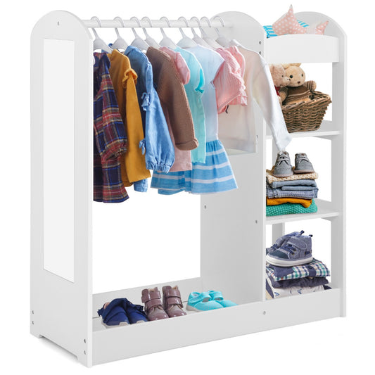 LIVSK Kinderkledinggarderobe met Spiegel - Massief Hout - Veel Opbergruimte - Veilig en Stevig - 93,5 x 38 x 100 cm - Wit