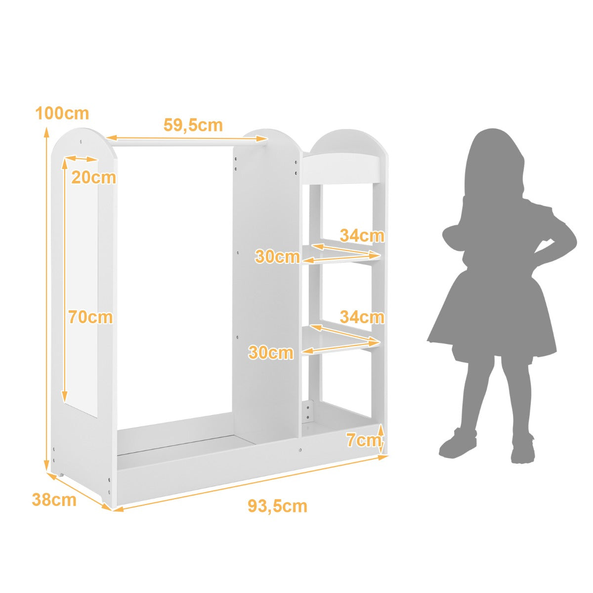 LIVSK Kinderkledinggarderobe met Spiegel - Massief Hout - Veel Opbergruimte - Veilig en Stevig - 93,5 x 38 x 100 cm - Wit