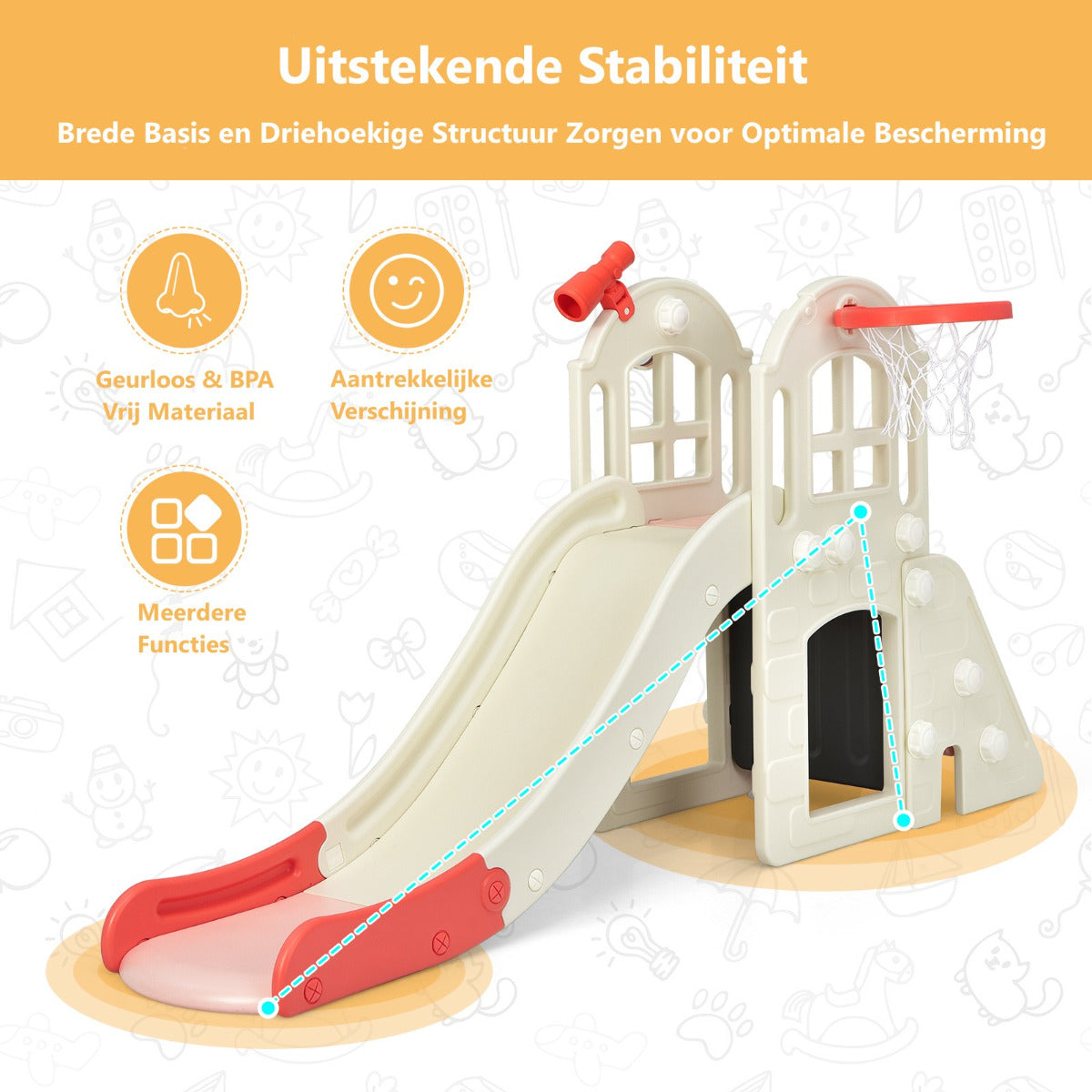 LIVSK 6-in-1 Glijbaanset met Basketbalring - HDPE Materiaal - Voor Kinderen 3-8 Jaar - Duurzaam en Veilig - Roze