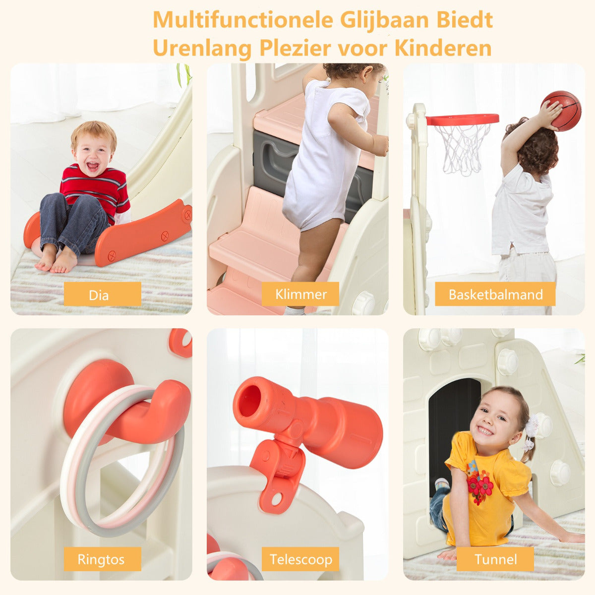 LIVSK 6-in-1 Glijbaanset met Basketbalring - HDPE Materiaal - Voor Kinderen 3-8 Jaar - Duurzaam en Veilig - Roze