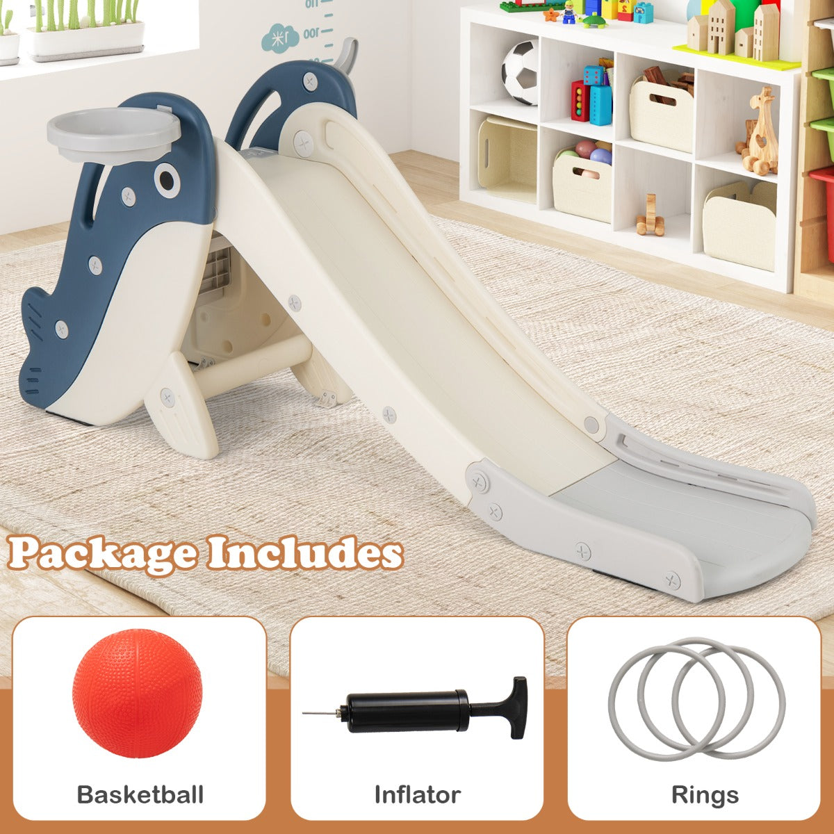 LIVSK 4-in-1 Peuterglijbaan met Basketbalring - Opvouwbaar en Veilig - HDPE - Tot 70 kg - Blauw