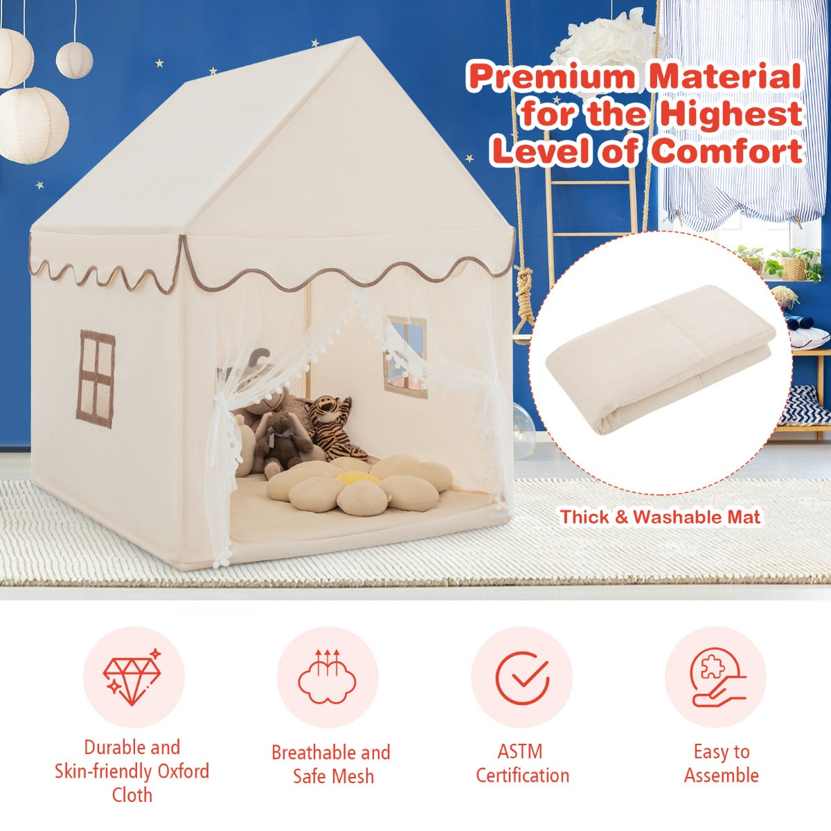 LIVSK Kinderspeeltent - Stabiel Grenenhouten Frame - Katoenen Deken - Ademend - Veilig en Comfortabel - 120 x 105 x 140 cm - Beige