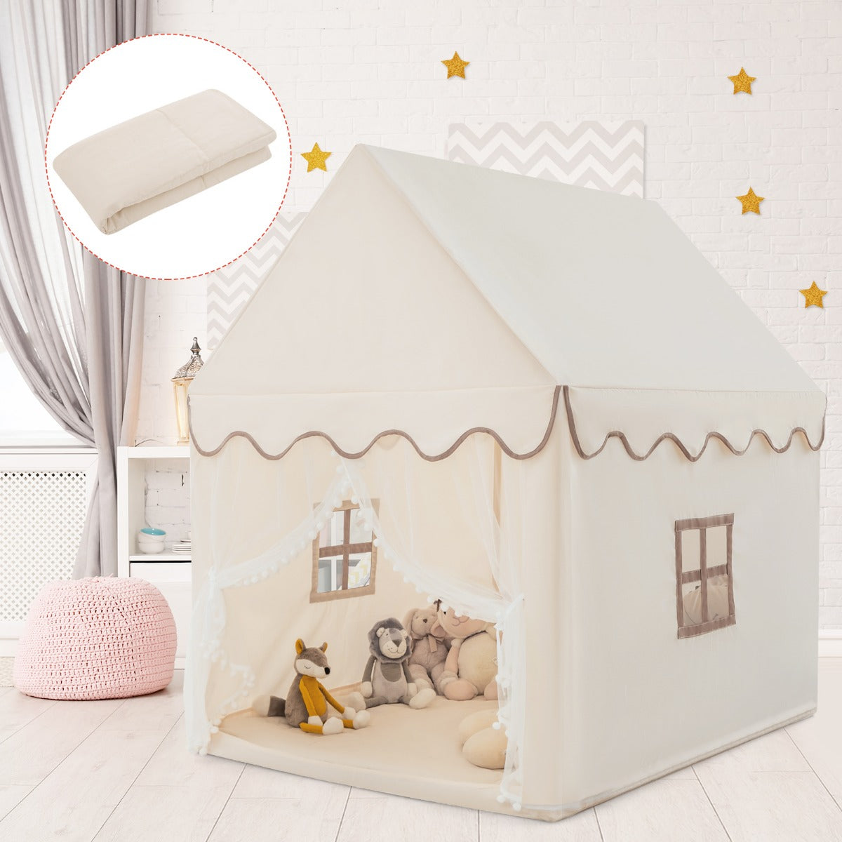 LIVSK Kinderspeeltent - Stabiel Grenenhouten Frame - Katoenen Deken - Ademend - Veilig en Comfortabel - 120 x 105 x 140 cm - Beige