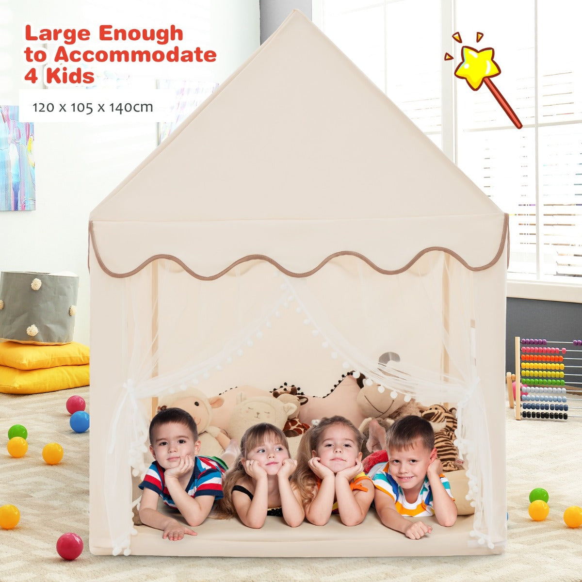 LIVSK Kinderspeeltent - Stabiel Grenenhouten Frame - Katoenen Deken - Ademend - Veilig en Comfortabel - 120 x 105 x 140 cm - Beige