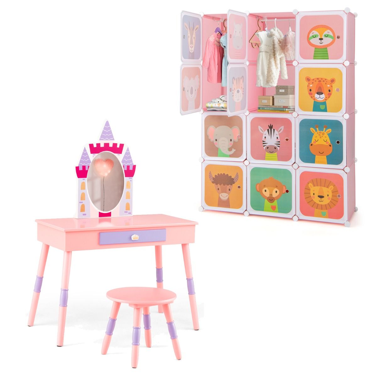 Livsk costway kinderkamerset modulaire kledingkast met 12 kubussen kaptafel met kasteelthema afneembare spiegel en diverse accessoires roze