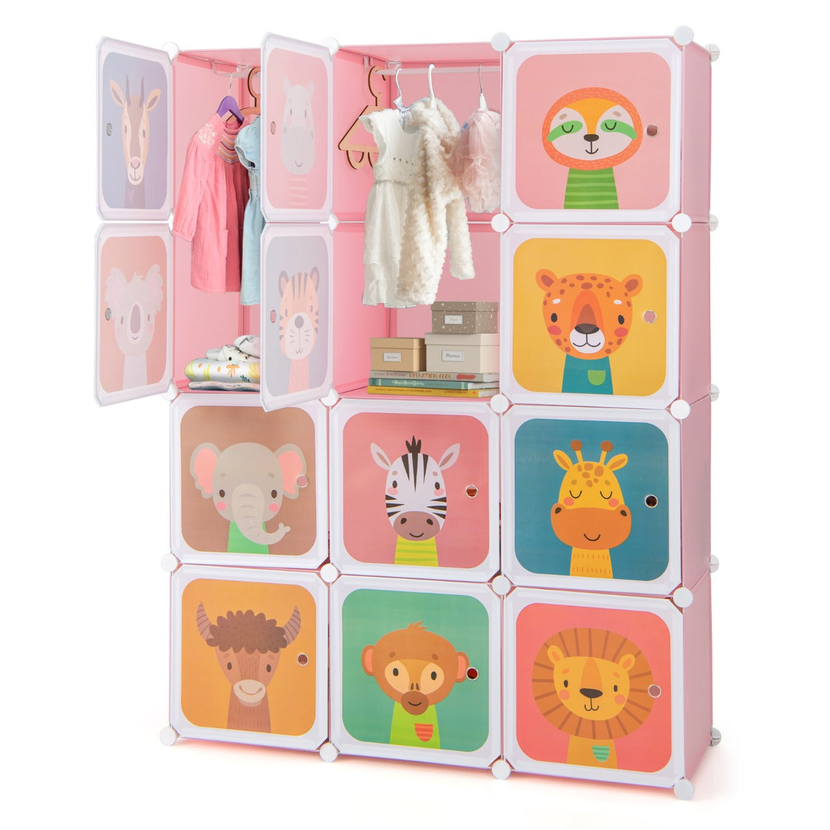Livsk costway kinderkamerset modulaire kledingkast met 12 kubussen kaptafel met kasteelthema afneembare spiegel en diverse accessoires roze 2