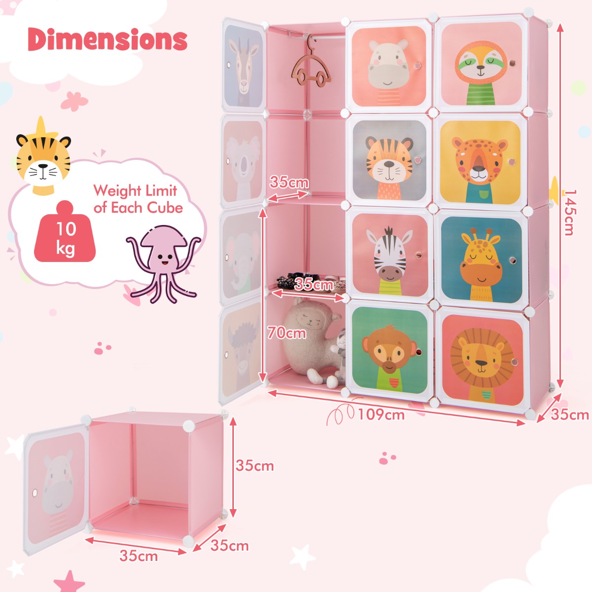 Livsk costway kinderkamerset modulaire kledingkast met 12 kubussen kaptafel met kasteelthema afneembare spiegel en diverse accessoires roze 6