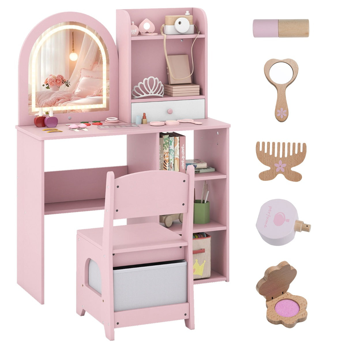 LIVSK Kinderschminktafel met Spiegel en Stoel - Verstelbare Verlichting - Veel Opbergruimte - Veilig Ontwerp - Roze/Wit