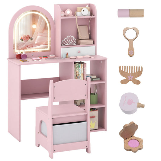 LIVSK Kinderschminktafel met Spiegel en Stoel - Verstelbare Verlichting - Veel Opbergruimte - Veilig Ontwerp - Roze/Wit