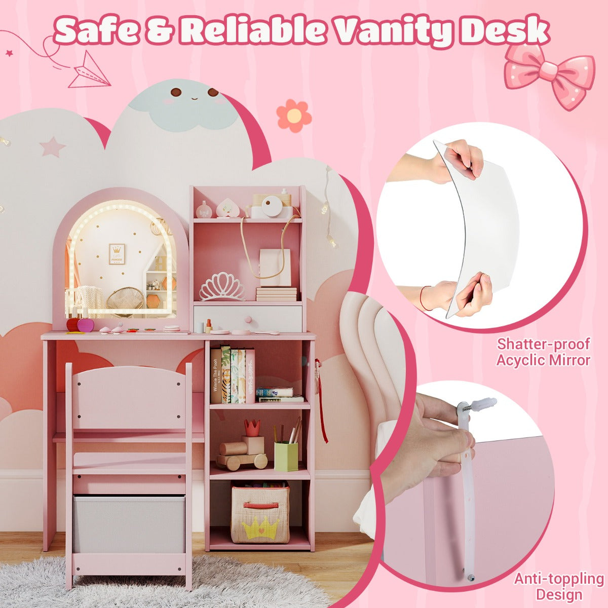 LIVSK Kinderschminktafel met Spiegel en Stoel - Verstelbare Verlichting - Veel Opbergruimte - Veilig Ontwerp - Roze/Wit