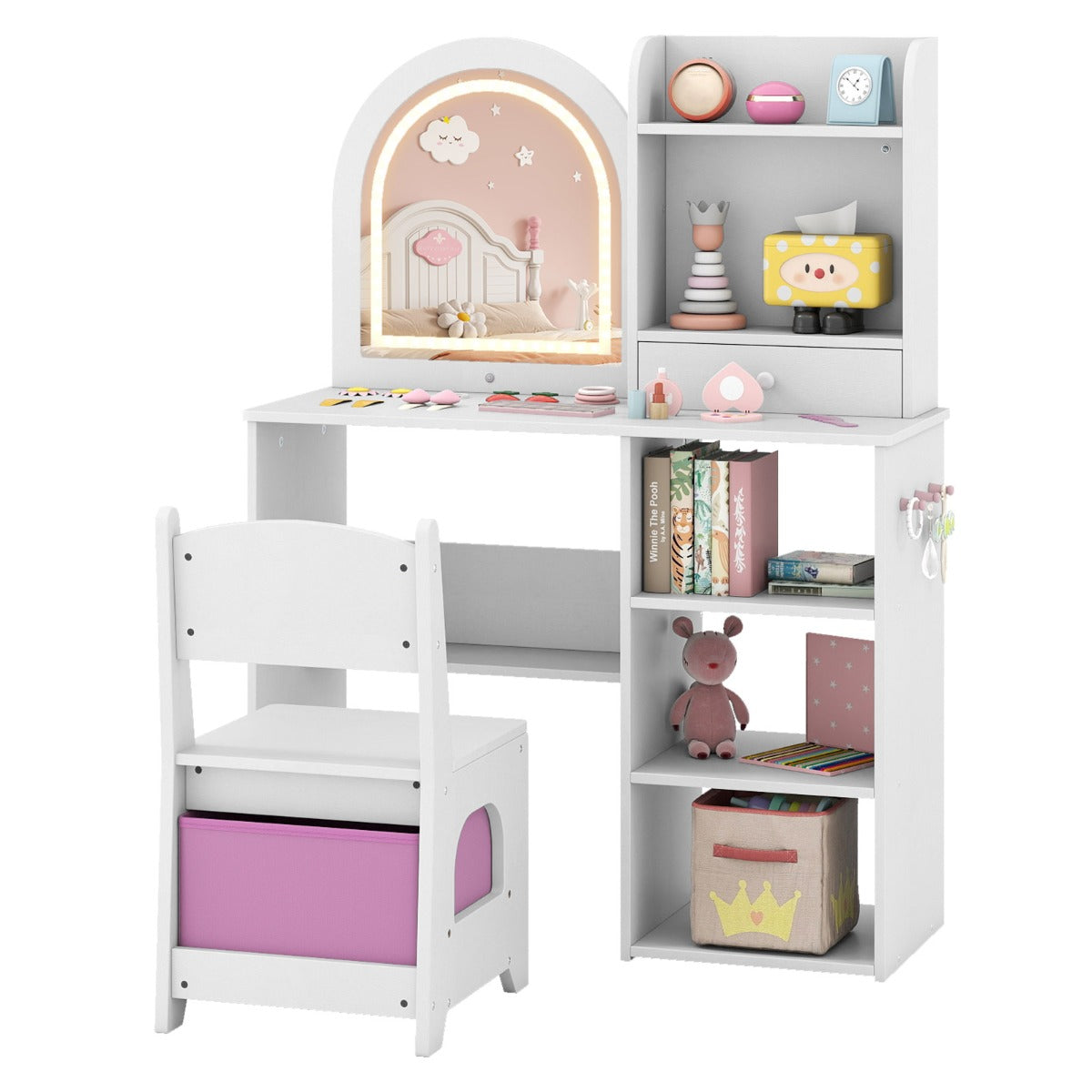 LIVSK kinderschminktafel en stoel - Verlichte spiegel met 3 lichtkleuren - Opbergvakken en haken - Veilig ontwerp - Roze/Wit