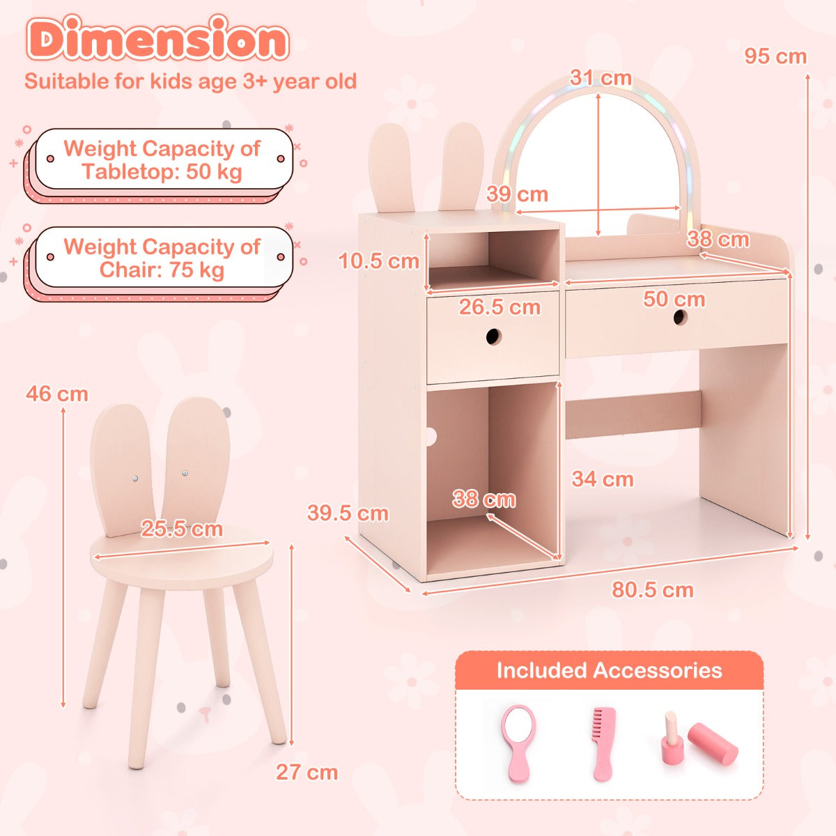 Livsk costway kinderkaptafel en stoelenset met een schitterende led spiegel schattig konijnenorenontwerp en een kaptafel met lades roze 1 1
