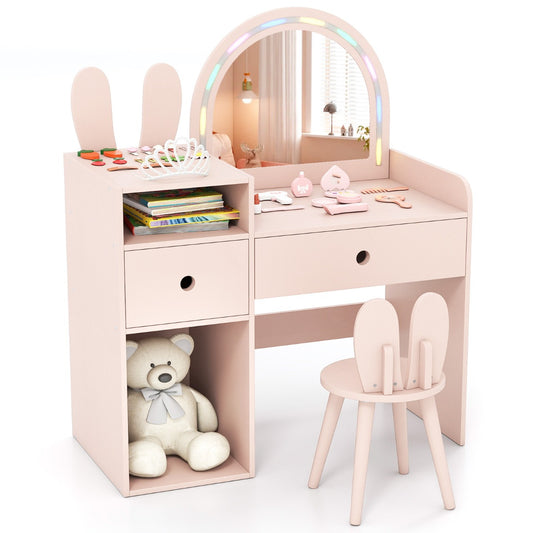 Livsk costway kinderkaptafel en stoelenset met een schitterende led spiegel schattig konijnenorenontwerp en een kaptafel met lades roze