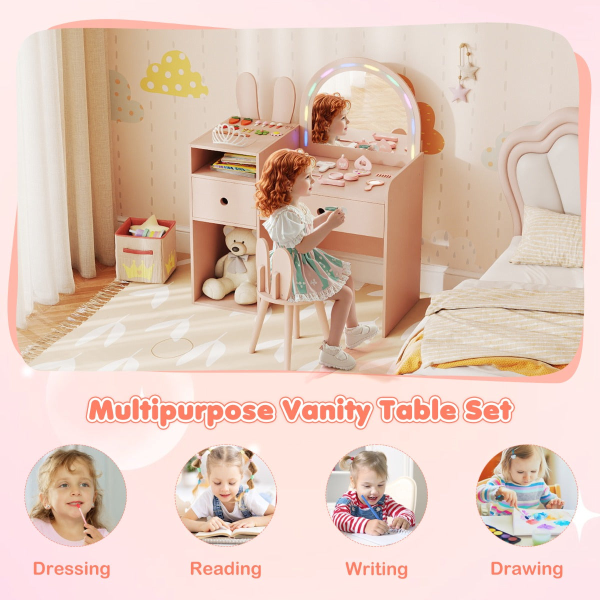 Livsk costway kinderkaptafel en stoelenset met een schitterende led spiegel schattig konijnenorenontwerp en een kaptafel met lades roze 6