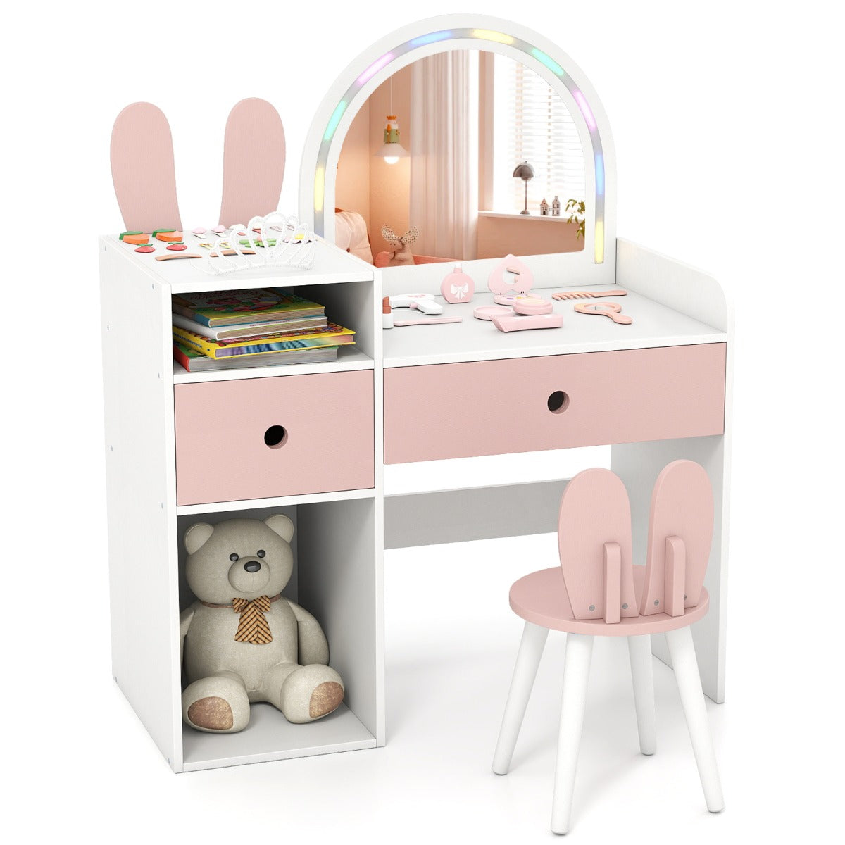 Livsk costway kinderkaptafel en stoelenset met een schitterende led spiegel schattig konijnenorenontwerp en een kaptafel met lades wit
