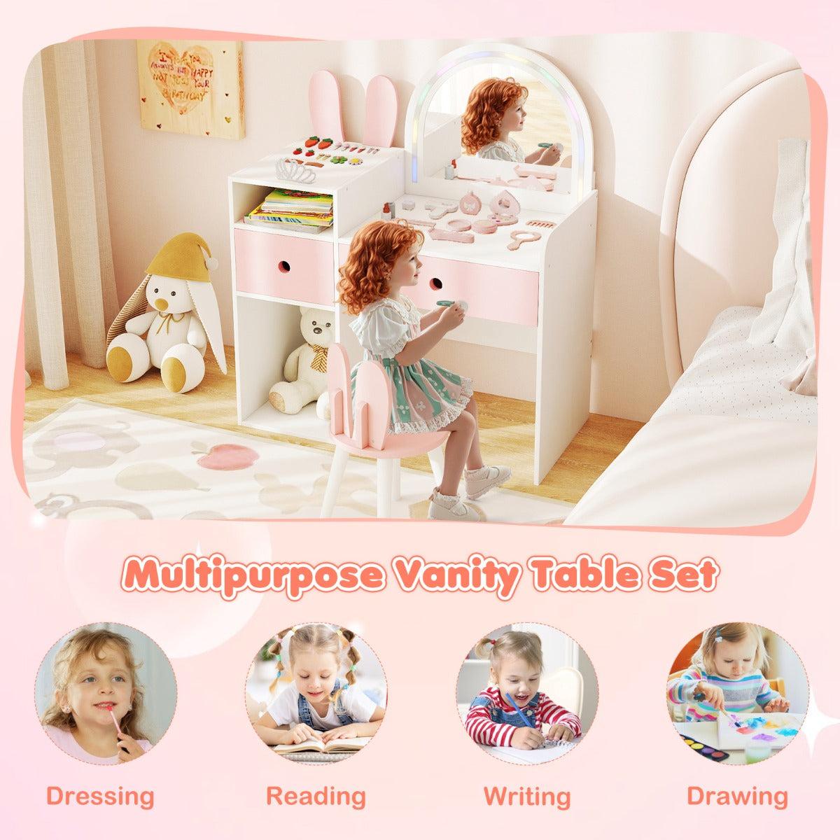 Livsk costway kinderkaptafel en stoelenset met een schitterende led spiegel schattig konijnenorenontwerp en een kaptafel met lades wit 6