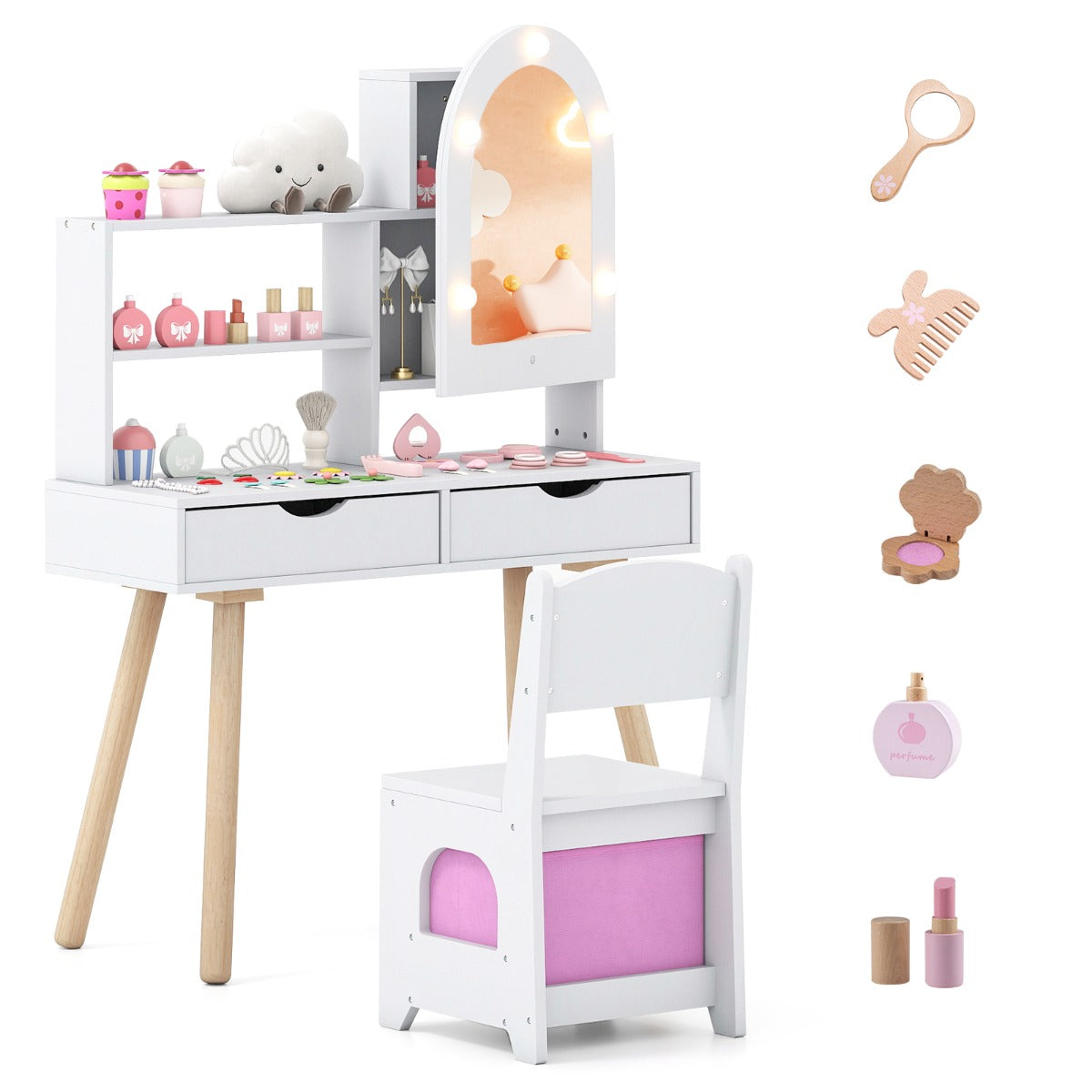 Livsk costway kinderkaptafel en stoelset kaptafel met spiegel wit