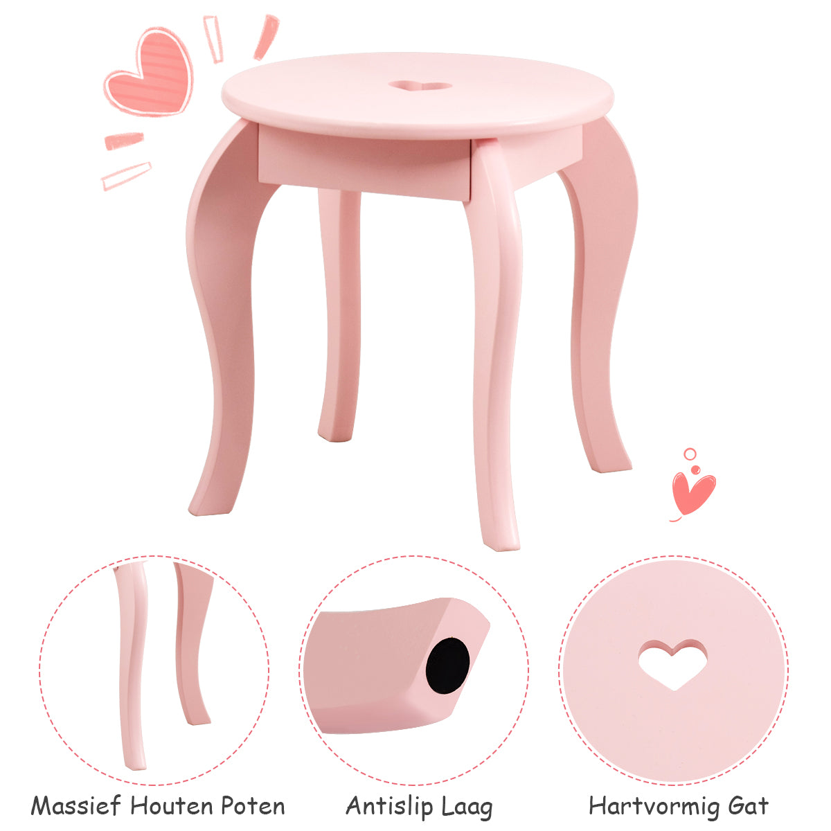 LIVSK Kaptafelset voor Kinderen - Stevig MDF & Grenenhout - Echte Spiegel - Veilig Ontwerp - 70 x 34 x 105 cm - Roze