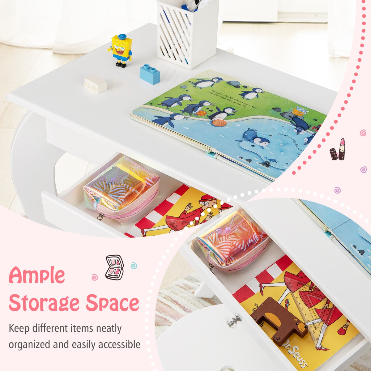 LIVSK Kinderkaptafelset - Stabiel MDF en Dennenhout - Echte Spiegel - Veilig Ontwerp met Lade - Wit