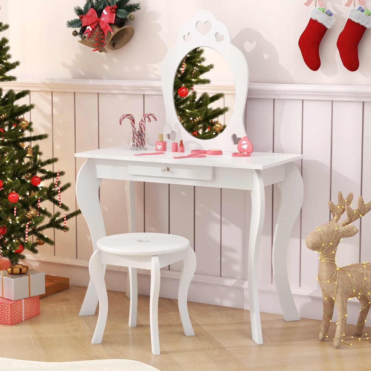 LIVSK Kinderkaptafelset - Stabiel MDF en Dennenhout - Echte Spiegel - Veilig Ontwerp met Lade - Wit