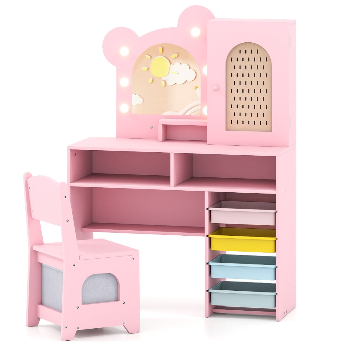 Livsk costway kinderkaptafel met lichte houten prinsessen stijl kaptafel en stoelenset roze