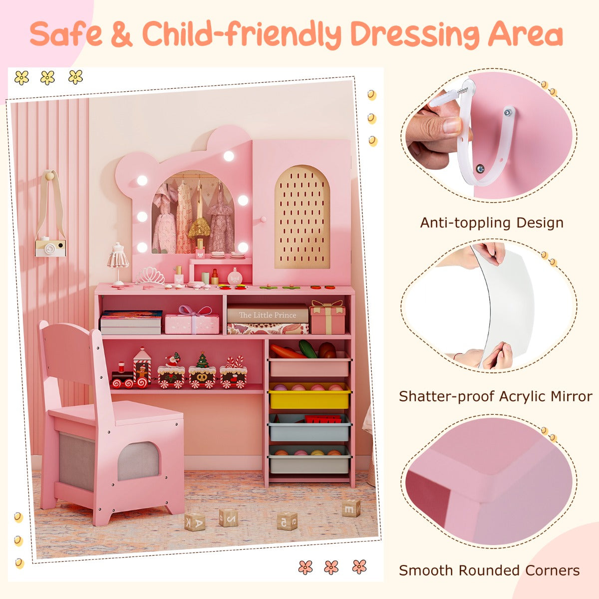 Livsk costway kinderkaptafel met lichte houten prinsessen stijl kaptafel en stoelenset roze 2